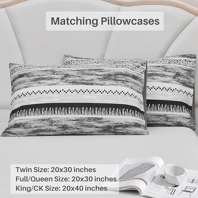 Striped Queen Size Comforter Set, Grey Black 3 PCS Microfiber Soft Lightweight Bedding Set