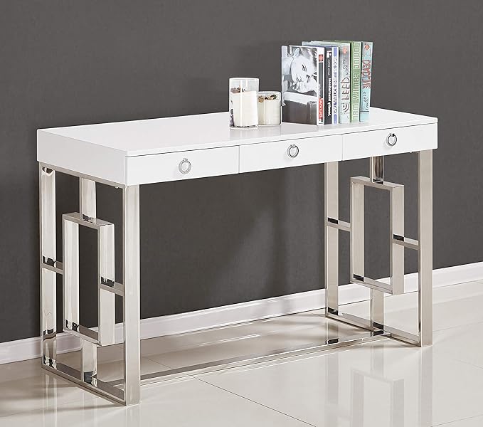 Best Master Furniture Brooke Mid-Century Modern Glossy Home Office Desk, Silver
