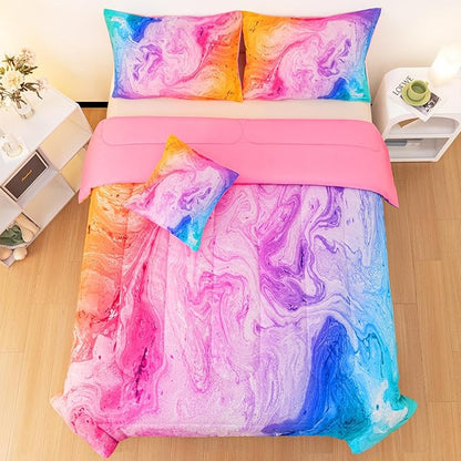 4 Pcs Tie Dye Twin Comforter Set for Girls, Watercolor Marble Abstract Art Superior Kids Bedding Sets Twin Size, Pink Purple Blue Colorful Teenage Girls Comforter Sets