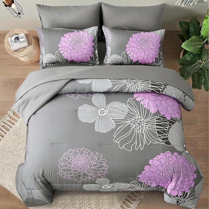 Yiran King Size Comforter Set Grey Purple Comforter Floral Bedding Comforter Set 7 Pieces Soft Microfiber Bed Set for All Seasons 103"×90"