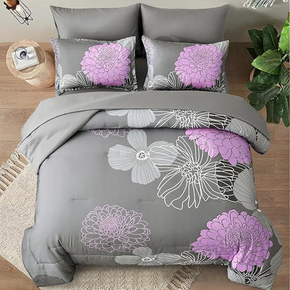 Yiran King Size Comforter Set Grey Purple Comforter Floral Bedding Comforter Set 7 Pieces Soft Microfiber Bed Set for All Seasons 103"×90"