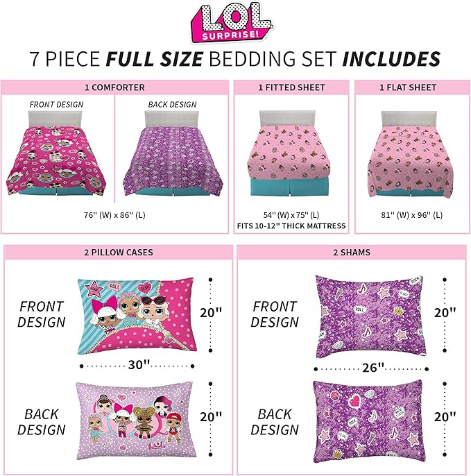 Franco Kids Bedding Super Soft Comforter and Sheet Set with Sham, 7 Piece Full Size, LOL Surprise
