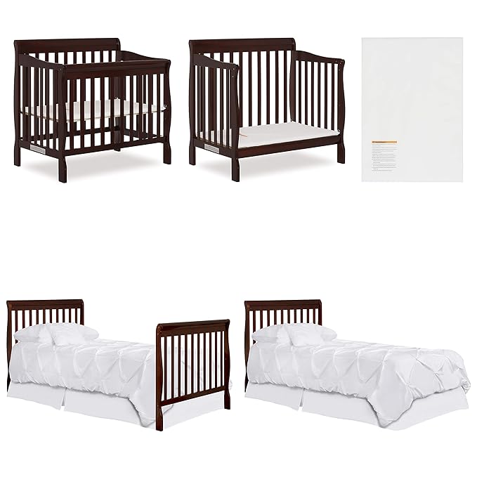 Nursery Essentials Bundle of Dream On Me Aden Convertible 4-in-1 Mini Crib, Dream On Me Ashton Changing-Table, with a Dream On Me Sunset 3” Extra Firm Fiber Portable Crib Mattress