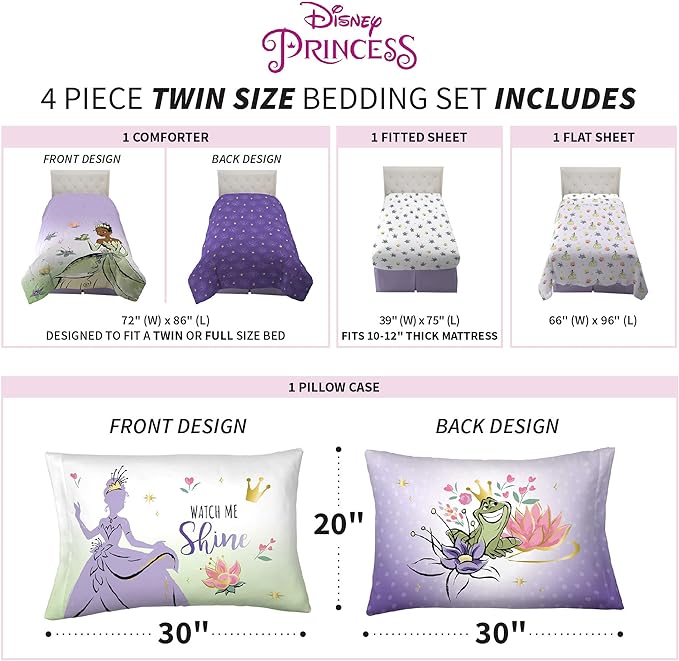 Disney Princess Tiana Kids Bedding Super Soft Microfiber Comforter And Sheet Set, 4 Piece Twin Size, "Official" Disney Product By Franco