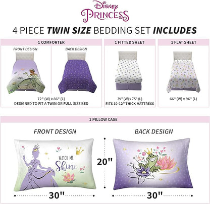 Disney Princess Tiana Kids Bedding Super Soft Microfiber Comforter And Sheet Set, 4 Piece Twin Size, "Official" Disney Product By Franco