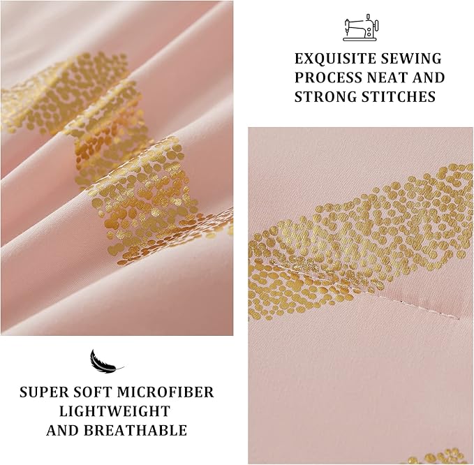 Pink Comforter Set Twin Size, Metallic Blush and Rose Gold Bedding Set, 3 Piece Lightweight Microfiber Comforter for Teen Girls Women (1 Pillow Sham + 1 Decorative Pillow Sham)