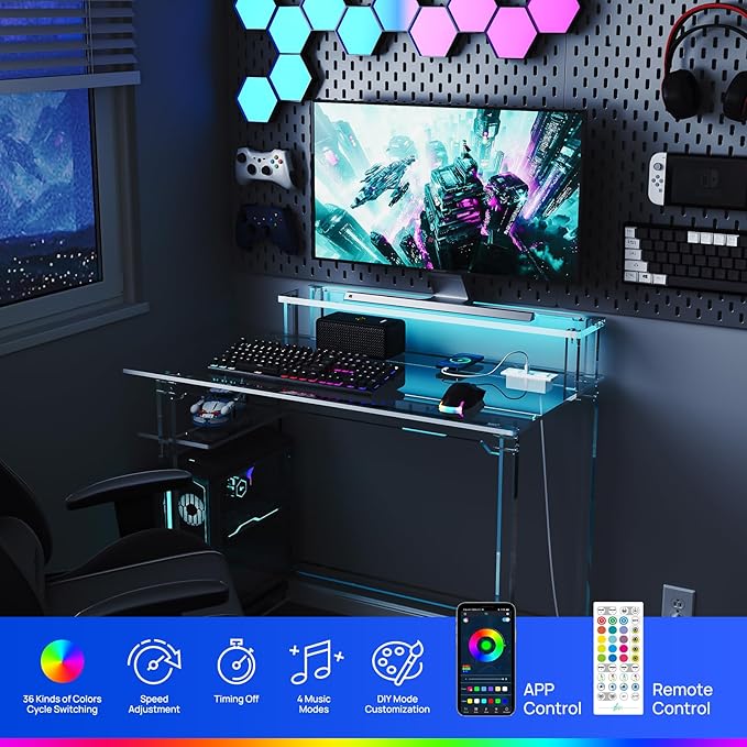HMYHUM Acrylic Gaming Desk with LED Lights & Charging Station, Clear Computer Desk with Monitor Stand and Shelves, Home Office Desk with USB Ports & Outlet, 39.4" L x 19.7" W x 29.5" H