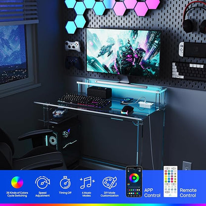 HMYHUM Acrylic Gaming Desk with LED Lights & Charging Station, Clear Computer Desk with Monitor Stand and Shelves, Home Office Desk with USB Ports & Outlet, 39.4" L x 19.7" W x 29.5" H