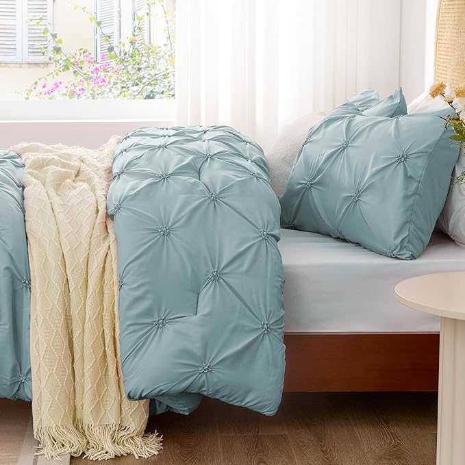 BEDELITE Light Blue Twin Comforter Set for Girls - 2 Peices Boho Pintuck Bedding Comforter Sets, Lightweight Soft & Warm Twin Bedding Sets with 1 Pillowcase for All Season