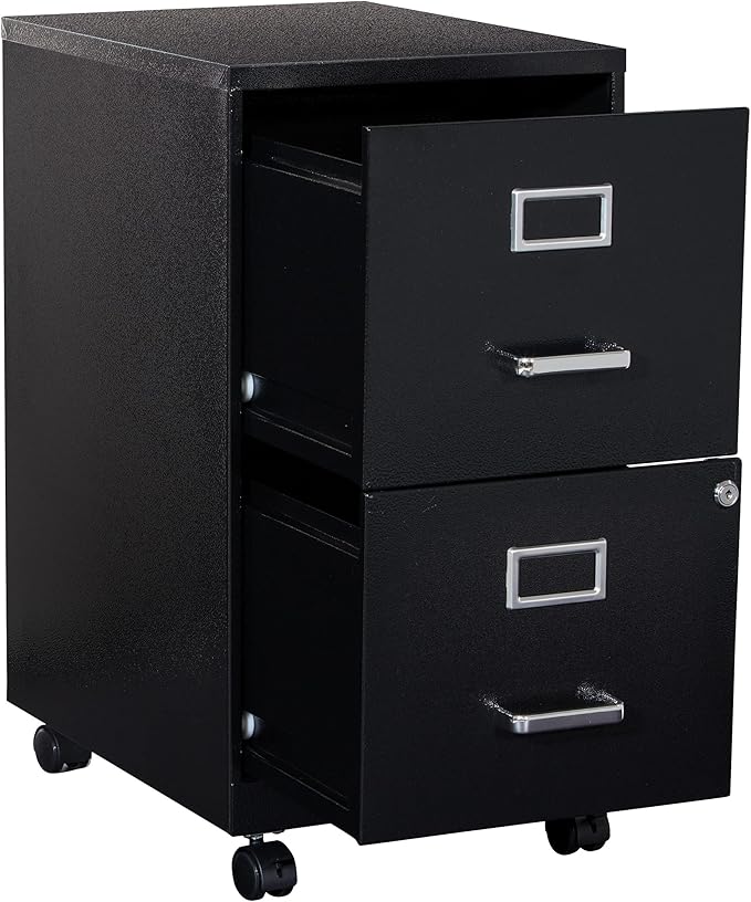 OSP Home Furnishings 2 Drawer Mobile Locking Metal File Cabinet, Black