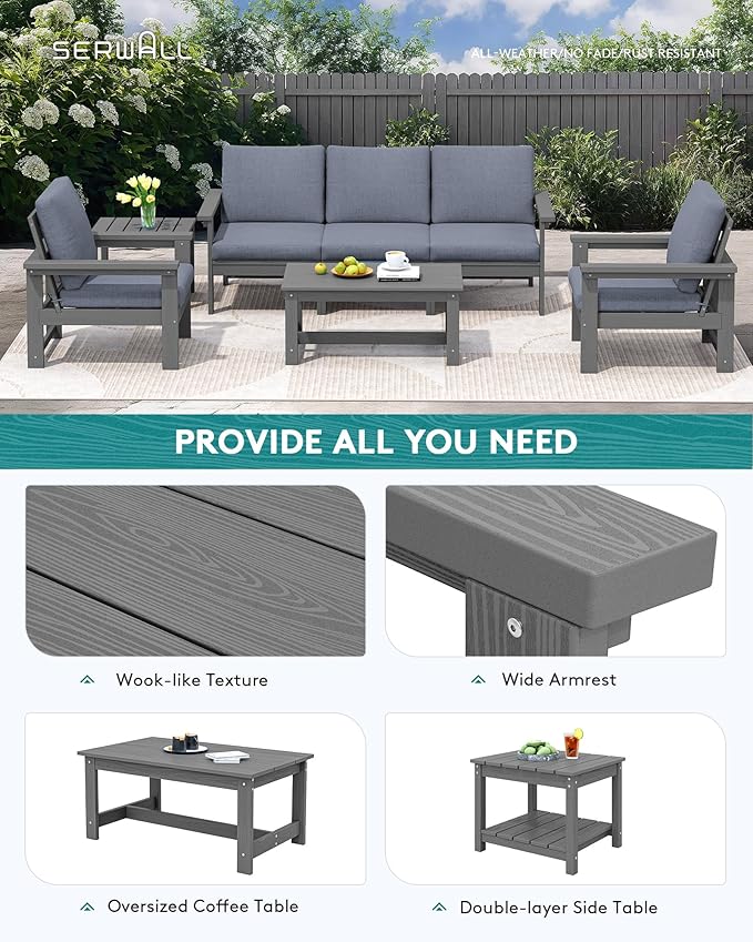 SERWALL HDPE Patio Coversation Set, 7-piece Outdoor Sectional Sofa Set, All Weather Patio Couch Set Patio Furniture for Balcony, Deck, Grey Frame with Grey Cushion