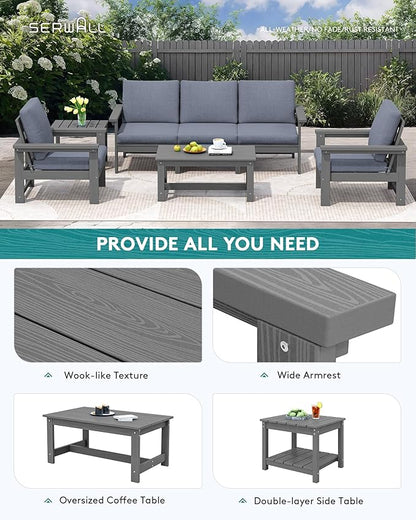 SERWALL HDPE Patio Coversation Set, 7-piece Outdoor Sectional Sofa Set, All Weather Patio Couch Set Patio Furniture for Balcony, Deck, Grey Frame with Grey Cushion