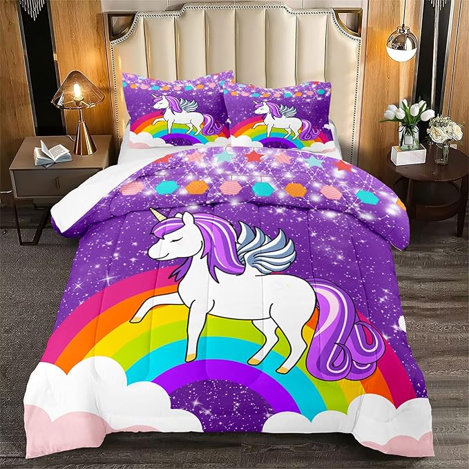 Unicorn Girls Full Size Bedding Sets Cartoon Unicorn Comforter Kids Bedding Set Cute Rainbow Unicorn Print Full Size Bedding Unicorn Kawaii Comforter Set, Purple, 1 Comforter+2 Pillowcases