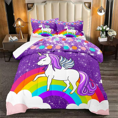 Unicorn Girls Full Size Bedding Sets Cartoon Unicorn Comforter Kids Bedding Set Cute Rainbow Unicorn Print Full Size Bedding Unicorn Kawaii Comforter Set, Purple, 1 Comforter+2 Pillowcases