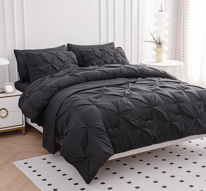 LANE LINEN Full Size Comforter Sets, 7 Piece Bed in a Bag Full Size, Soft Full Size Bedding Sets, Pintuck Comforter Sets Full Size, Full Size Bed Comforter Set with Sheets, Pillowcases & Shams - Grey