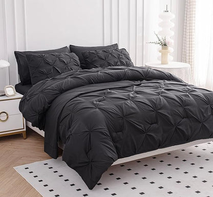 LANE LINEN Full Size Comforter Sets, 7 Piece Bed in a Bag Full Size, Soft Full Size Bedding Sets, Pintuck Comforter Sets Full Size, Full Size Bed Comforter Set with Sheets, Pillowcases & Shams - Grey