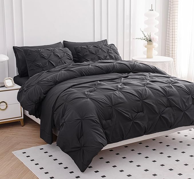 LANE LINEN California King Comforter Set, 7 Piece Cal King Bed in a Bag, Pintuck Cal King Bedding Set, Soft Cali King Bed Set, Cal King Bedding Comforter Sets with Sheets, Pillowcases & Shams - Grey