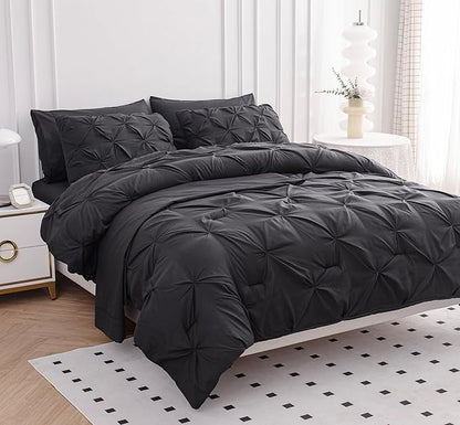 LANE LINEN California King Comforter Set, 7 Piece Cal King Bed in a Bag, Pintuck Cal King Bedding Set, Soft Cali King Bed Set, Cal King Bedding Comforter Sets with Sheets, Pillowcases & Shams - Grey