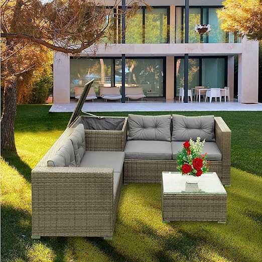 Patio Furniture Set, 4 Pieces PE Wicker Rattan Outdoor Conversation Sectional Sofa with Tempered Glass Table and Storage Box, for Backyard Lawn Garden Lown Porch, E-Grey