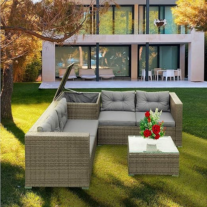 Patio Furniture Set, 4 Pieces PE Wicker Rattan Outdoor Conversation Sectional Sofa with Tempered Glass Table and Storage Box, for Backyard Lawn Garden Lown Porch, E-Grey