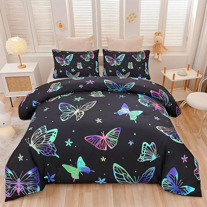 Btargot 3 Piece Butterfly Pattern Girls Comforter Set with 2 Pillow Covers, Gradient Line Rainbow Printed Bedding Set for Women, Queen Black