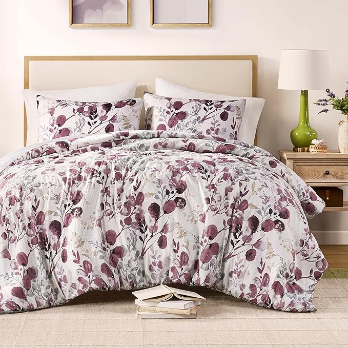 Codi Floral Queen Comforter Set for Womens, Spring Lavender Bedding Sets with Soft Seersucker 3pcs - 1 Flower Comforters and 2 Pillows Case, Lilac Purple