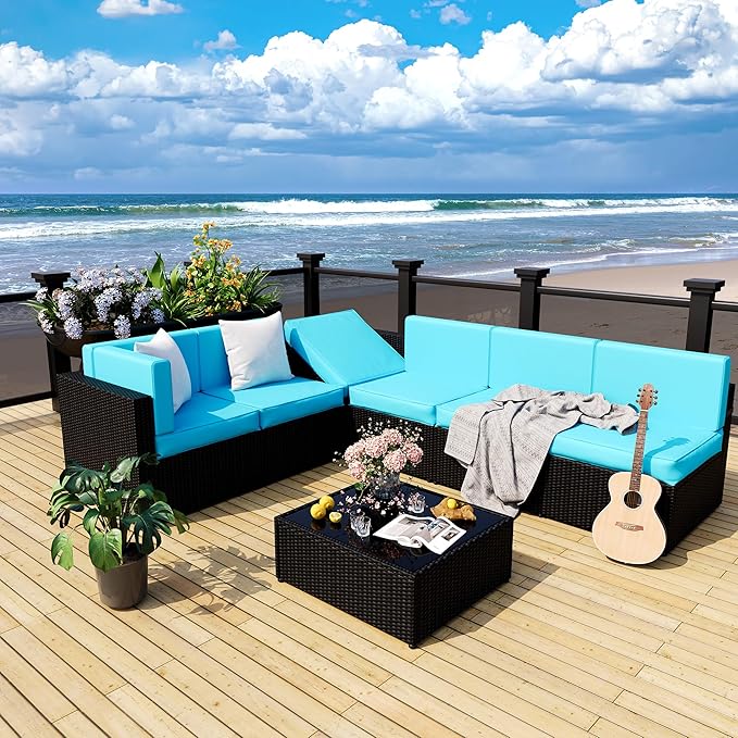 Pamapic Patio Furniture Set, 7 Pieces Modular Outdoor Sectional, Patio Sectional Sofa Conversation Set, Rattan Sofa with Coffee Table and Washable Cushions Covers, Black Rattan and Blue Cushions