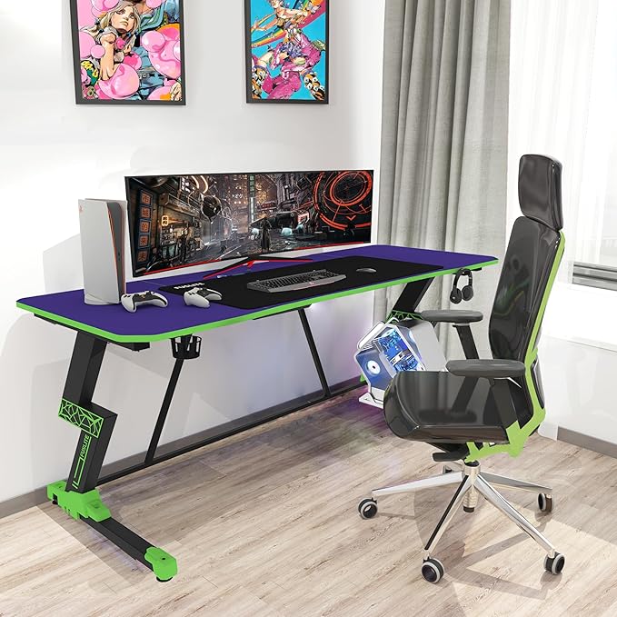 63 Inch Gaming Desk, with Carbon Fiber Surface, Lightning-Shaped PC Computer Table, with Headphone Holder, Cup Holder, Cable Management Box, Gaming Table for Gamer, Purple&Green