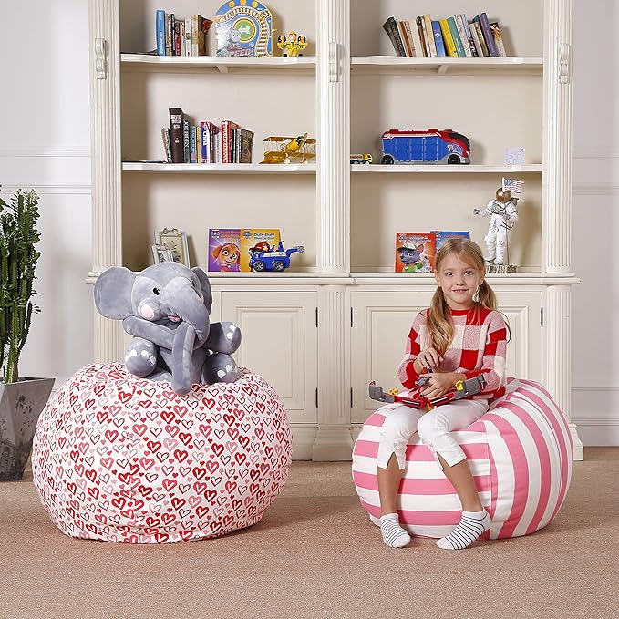 Aubliss Stuffed Animal Bean Bag Storage Chair, Beanbag Covers Only for Organizing Plush Toys, Turns into Bean Bag Seat for Kids When Filled, Medium 32"-Canvas Stripes Pink/White
