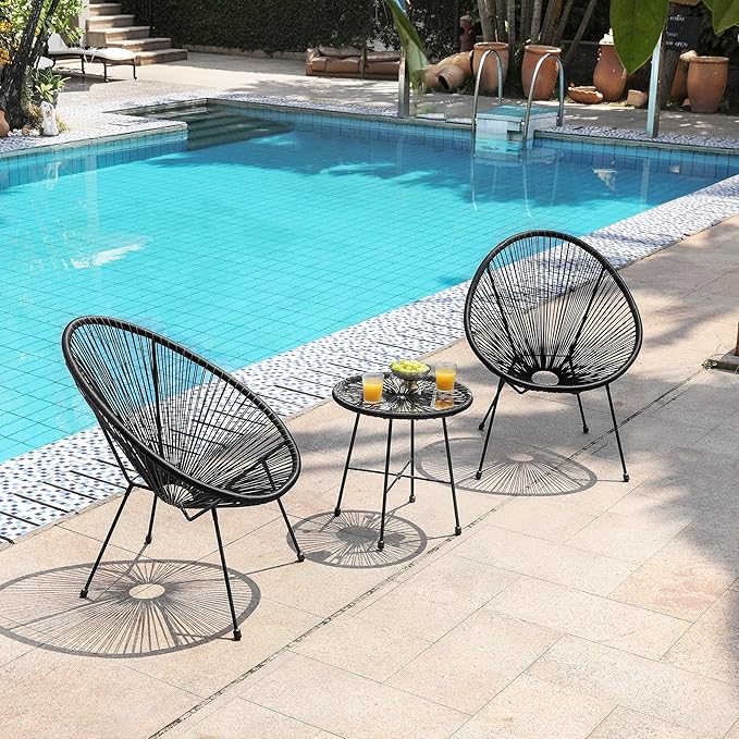 SONGMICS 3-Piece Outdoor Seating Acapulco Chair, Modern Patio Furniture Set, Glass Top Table and 2 Chairs, Indoor and Outdoor Conversation Bistro Set, Ink Black UGGF011B01