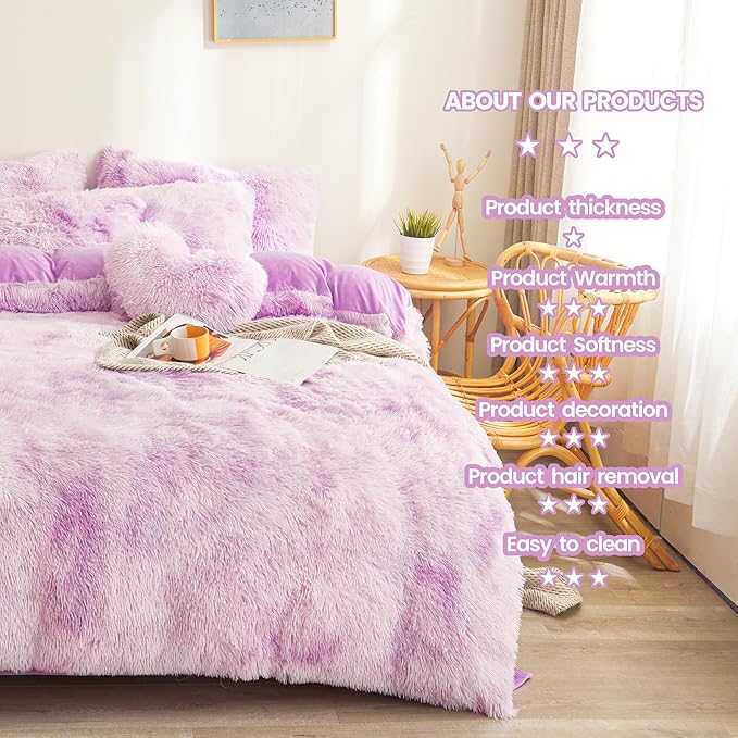 Tie dye Lavender Plush Fluffy Comforter Cover Set Queen - Ultra Soft Faux Fur tie dye Bedding Sets 3 Pieces (1 Shaggy Duvet Cover + 2 Pillow case) Fluffy Bed Set (Tie Dye Lavender, Queen)