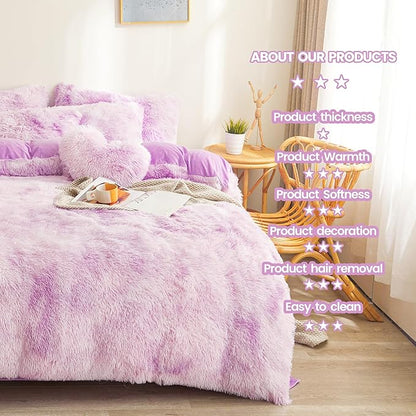 Tie dye Lavender Plush Fluffy Comforter Cover Set Queen - Ultra Soft Faux Fur tie dye Bedding Sets 3 Pieces (1 Shaggy Duvet Cover + 2 Pillow case) Fluffy Bed Set (Tie Dye Lavender, Queen)