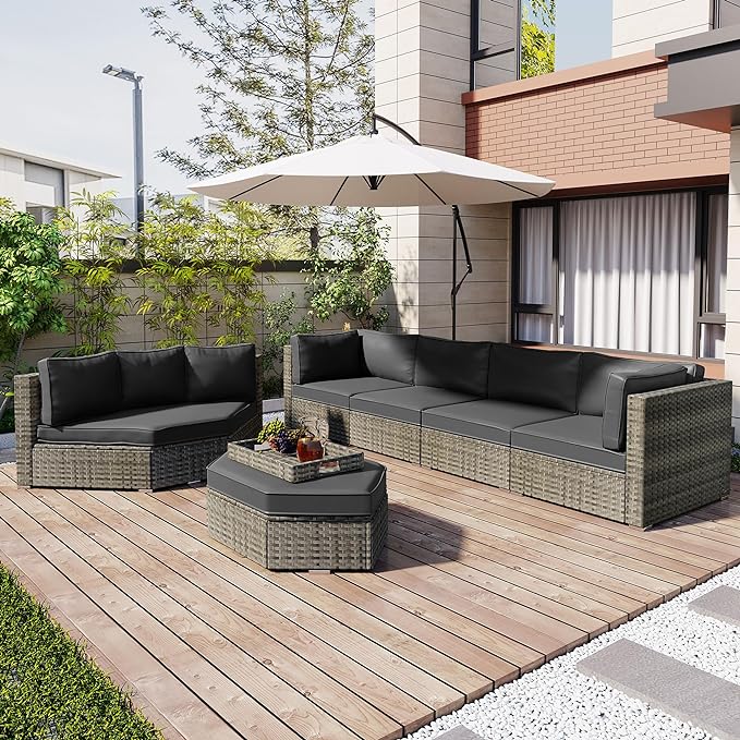 Patio 7-Piece Set, Half-Moon Curved Sectional Sofa Outdoor Rattan Furniture with Ottoman and No-Slip Cushions for Balcony, Porch, Garden, Zc-Grey