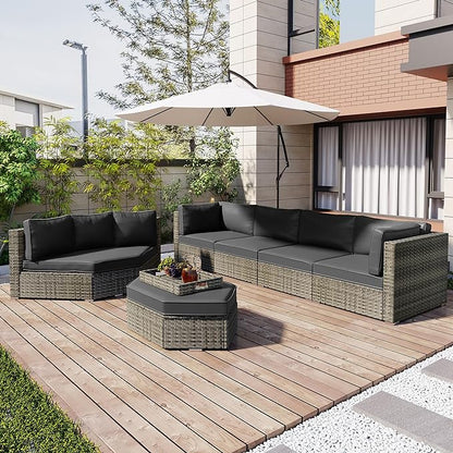 Patio 7-Piece Set, Half-Moon Curved Sectional Sofa Outdoor Rattan Furniture with Ottoman and No-Slip Cushions for Balcony, Porch, Garden, Zc-Grey