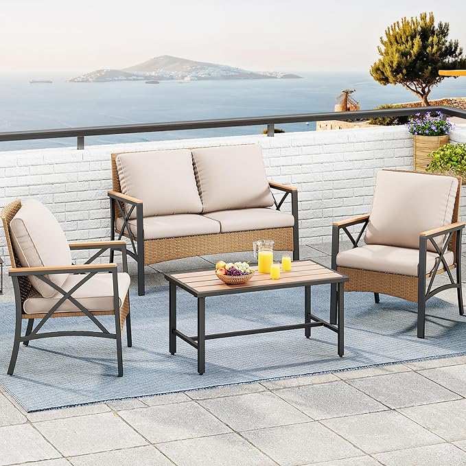 YITAHOME 4-Piece Patio Wicker Furniture Set with Wood Armrest, All Weather Rattan Conversation Furniture Sets for Backyard, Balcony, Deck w/Soft Cushions and Plastic Wood Table (Light Brown+Beige)
