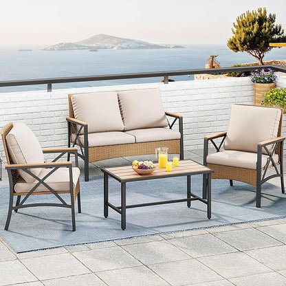 YITAHOME 4-Piece Patio Wicker Furniture Set with Wood Armrest, All Weather Rattan Conversation Furniture Sets for Backyard, Balcony, Deck w/Soft Cushions and Plastic Wood Table (Light Brown+Beige)