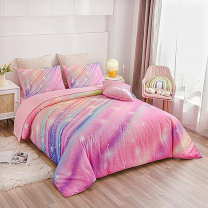 Btargot 6 Pieces Pink Gradient Star Ring Comforter Set for Boys Girls Teens, Twin Size Colorful Glitter Rainbow Star Galaxy Bedding Set