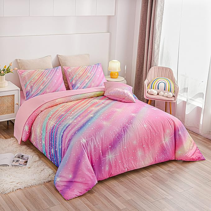 Btargot Super Soft 6 Pieces Gradient Star Ring Comforter Set, Colorful Glitter Rainbow Star Pattern Bedding Set for Boys Girls Teens,Queen Pink