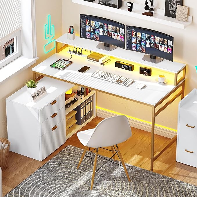 YITAHOME L Shaped Desk with Drawers, 55" Corner Computer Desk with Power Outlets & LED Lights, Large L-Shaped Office Desk with File Cabinet, White & Gold