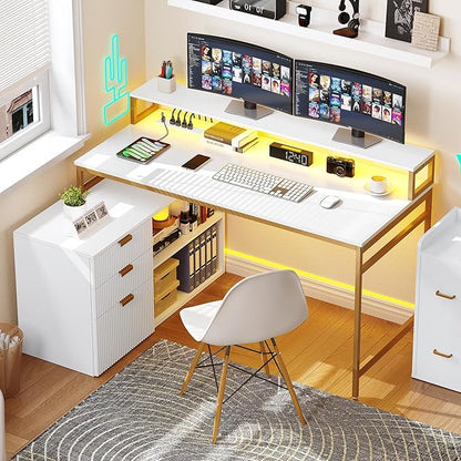 YITAHOME L Shaped Desk with Drawers, 55" Corner Computer Desk with Power Outlets & LED Lights, Large L-Shaped Office Desk with File Cabinet, White & Gold
