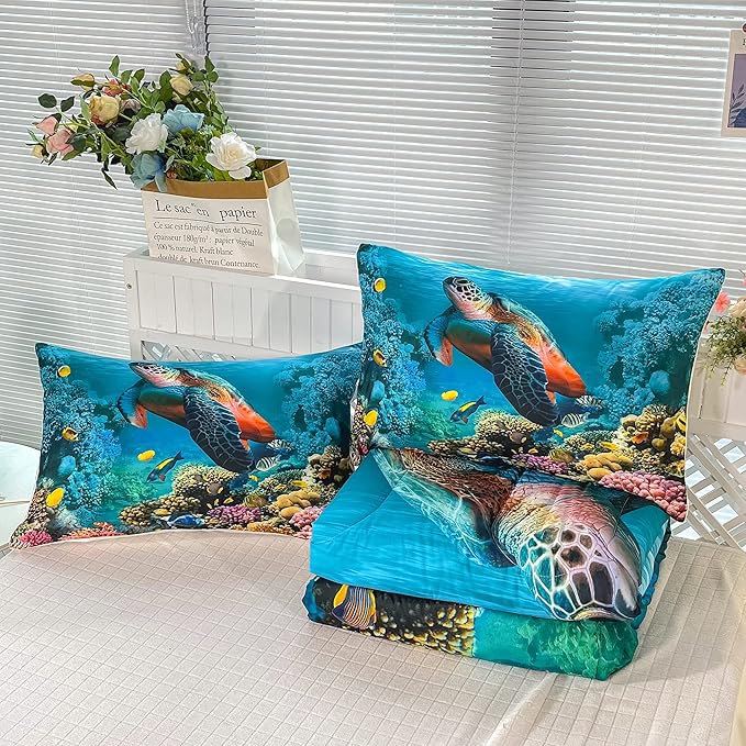 CVHOUSE Sea Turtle Bedding Set,Sea Turtle Comforter King,Ocean Beach Comforter Set for Boys Kids Girls,Ocean Quilt Set with 1 Comforter and 2 Pillow Cases