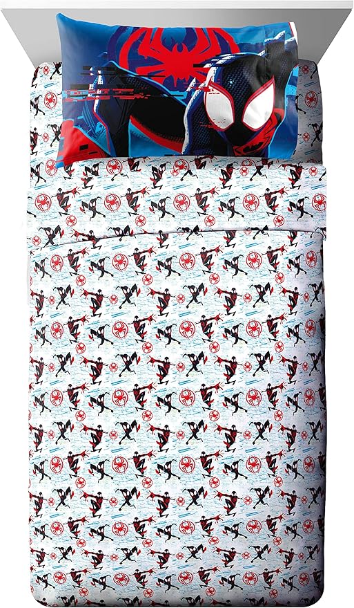 Marvel Spiderman Across The Spider-Verse Glitch 5 Piece Twin Size Bed Set - includes Comforter & Sheet Set Bedding - Super Soft Fade Resistant Microfiber (Official Product)