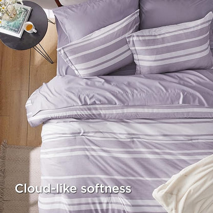 Bedsure Bed in a Bag California King Size 7 Pieces, Purple White Striped Bedding Comforter Sets All Season Bed Set, 2 Pillow Shams, Flat Sheet, Fitted Sheet and 2 Pillowcases