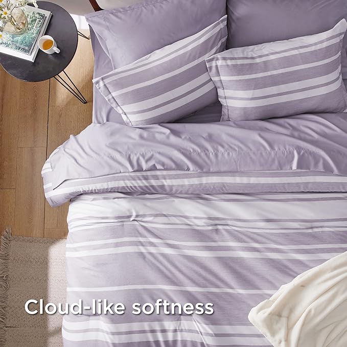 Bedsure Bed in a Bag Full Size 7 Pieces, Purple White Striped Bedding Comforter Sets All Season Bed Set, 2 Pillow Shams, Flat Sheet, Fitted Sheet and 2 Pillowcases