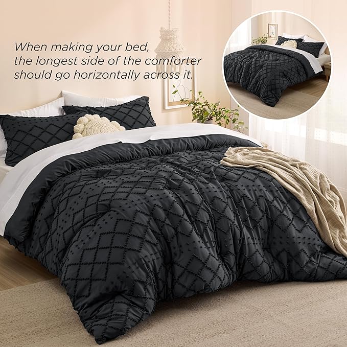 Bedsure King Size Comforter Set - Black Comforter, Boho Tufted Shabby Chic Bedding Comforter Set, 3 Pieces Farmhouse Bed Set for All Seasons, Fluffy Soft Bedding Set with 2 Pillow Shams