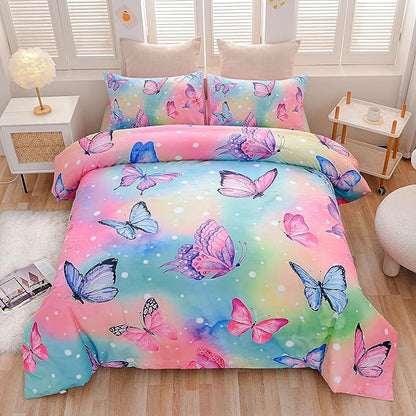 Btargot 3 Piece Butterfly Pattern Girls Comforter Set with 2 Pillow Covers, Gradient Line Rainbow Printed Bedding Set for Women, Queen Multi Color