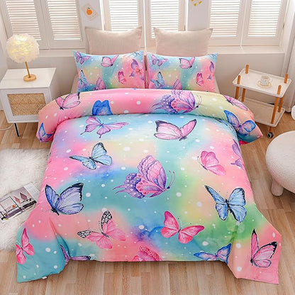 Btargot 3 Piece Butterfly Pattern Girls Comforter Set with 2 Pillow Covers, Gradient Line Rainbow Printed Bedding Set for Women, Full Multi Color
