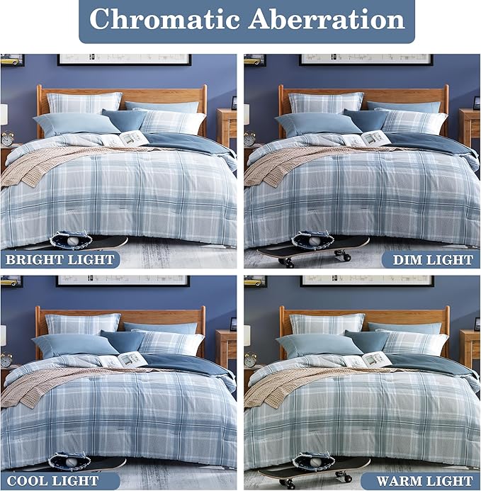 Light Blue Bedding Sets Full, Plaid Full Size Comforter Sets for Boys & Girls,Classic Homestead-style Comforter Full Size with Full Size Bed Sheets and Comforter Set