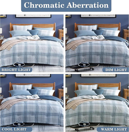 Blue King Size Comforter, Dorm Plaid Light Blue King Bedding Set Homestead-style King Size Bed Set for Bedroom (Light Blue,King,102"*90")