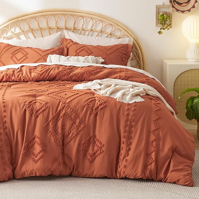 Bedsure Boho Comforter Set Twin - Terracotta Tufted Bedding Comforter Set, 2 Pieces Farmhouse Shabby Chic Embroidery Bedding Set, Soft Geometric Pattern Comforter for All Seasons